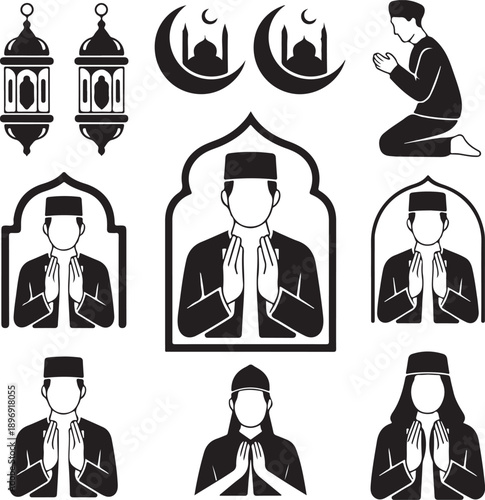 Islamic prayer and Ramadan silhouette icon set featuring worshippers, lanterns, mosque, crescent moon, and traditional religious symbols isolated on white