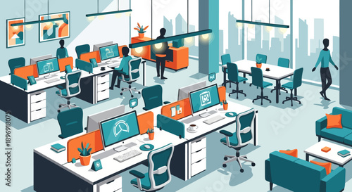 Modern open plan office interior with employees working at desks.