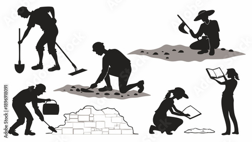 Archaeology Dig Site Silhouettes Excavating Artifacts Researching History for Educational Materials or Field Work Projects