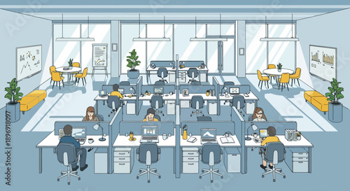Modern open plan office interior with people working at desks.