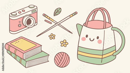 Cute Kawaii Hobbies Flat Lay with Camera Books Knitting and Teapot for Cozy Craft Blog Design