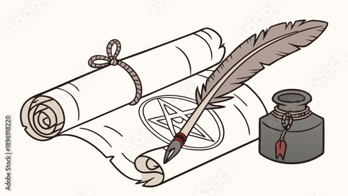 Mystical Scroll with Pentagram Symbol Writing Quill and Inkwell for Occult Rituals or Ancient Contract Signing