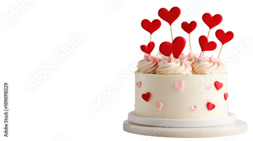 Romantic Valentine cake decorated with red heart toppers and creamy frosting dessert concept for love celebration holiday photography marketing on White background
