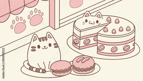 Cute Cat Cafe Bakery Display with Pink Cake and Macarons for Sweet Dessert Web Design or Children's Book Illustration