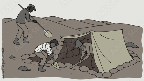 Workers Excavating Underground Shelter Structure Outdoors for Construction or Archaeological Research Project