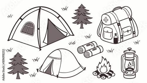 Camping Adventure Gear Outline Set for Outdoor Travel Web Design Summer Vacation Brochures and Wilderness Guides