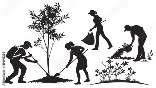 Volunteers Planting Trees and Cleaning Park Environment Community Service Outdoor Activity Silhouette