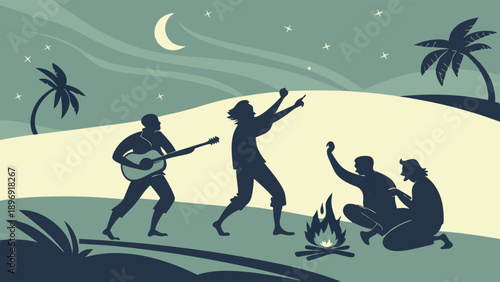 Tropical Night Campfire Celebration Friends Singing Guitar Music Silhouette Summer Vacation Adventure Travel Mood