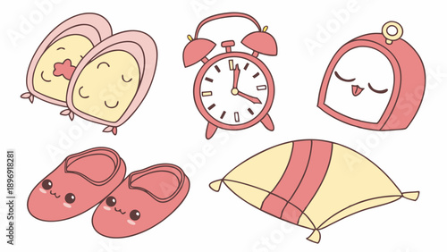 Cozy Sleep Icons for Bedtime Routine Design Alarm Clock Pillow Slippers for Home Decor Website Graphics