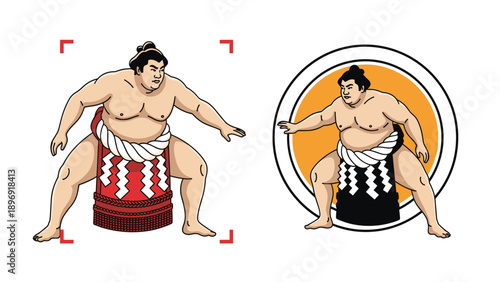 Set of two illustrations showing a Japanese sumo wrestler in a ceremonial mawashi, one with a focus frame and one as an icon.