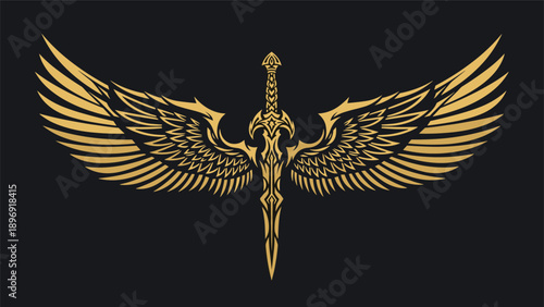 Elegant golden emblem of an ornate medieval sword with large, detailed angel wings spreading out on a dark background.