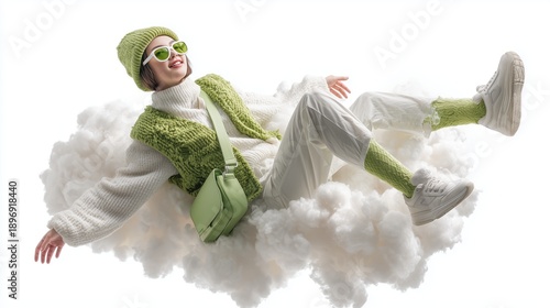 Empowerment and innovation: A cheerful young woman sitting on a fluffy cloud, wearing a stylish green layered outfit and sunglasses.
