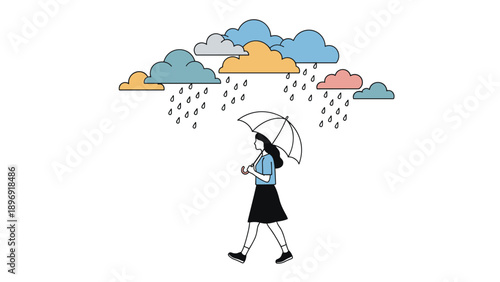 Woman with an umbrella walks under colorful raining clouds, a metaphor for sadness, depression, or finding shelter from problems.