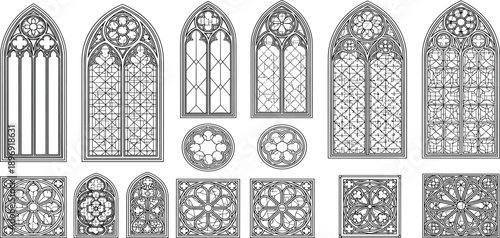 Hand drawn gothic window illustration set featuring ornate cathedral arches rose windows medieval church architecture detailed black and white line art designs
