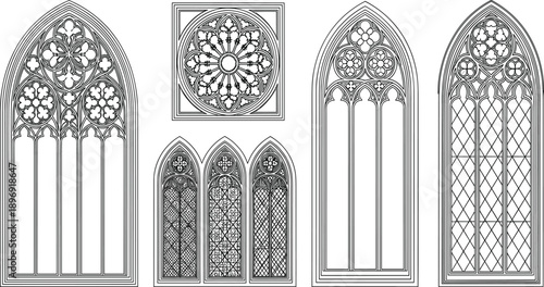 Hand drawn gothic window illustrations featuring cathedral arches ornate tracery rose windows medieval church architecture black and white line art decorative historic design