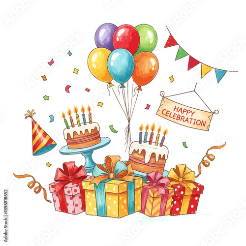 Happy Birthday Celebration with Cakes, Balloons, Gifts, and Confetti - Festive Party Elements