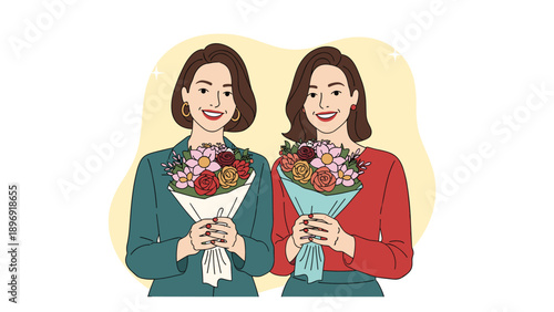 Two happy and smiling young women or twin sisters dressed in stylish business attire, each holding a beautiful flower bouquet.