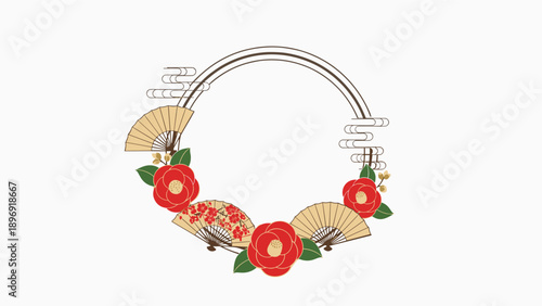 Elegant circular Japanese frame decorated with red camellia flowers, traditional folding fans, and delicate white clouds on top.