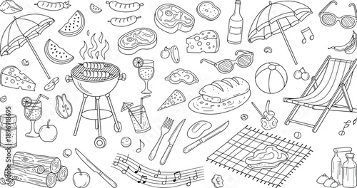 Hand drawn summer picnic doodle illustration with barbecue food drinks music beach chair umbrella and outdoor leisure elements black and white line art set