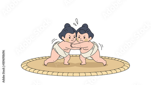Cute and funny cartoon illustration of two small sumo wrestlers engaged in a serious match inside the traditional dohyo ring.