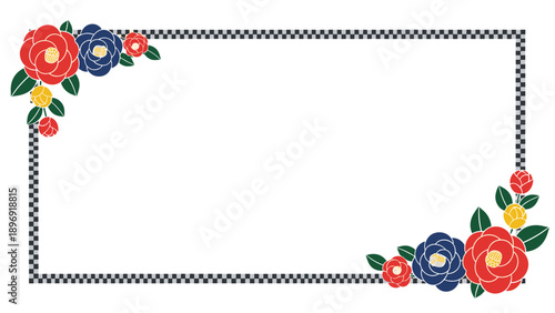 Elegant rectangular Japanese frame with a black and white checkered border, decorated with red, blue, and yellow camellia flowers.