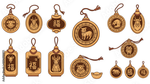 Collection of ornate wooden lucky charms and amulets from Asia, featuring engraved zodiac animals like the goat, sheep, and deer.