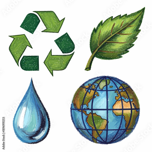 Recycling Symbol, Leaf, Water Droplet, and Earth Icons Representing Environmental Sustainability and Conservation