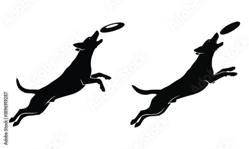 Dynamic pet care silhouette set: playful dog frisbee vector icons for active pet brands