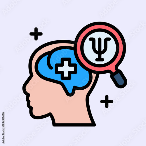 Illustration of a human head with a brain showing a health cross and a magnifying glass with a psychology symbol, representing mental health analysis and well-being.
