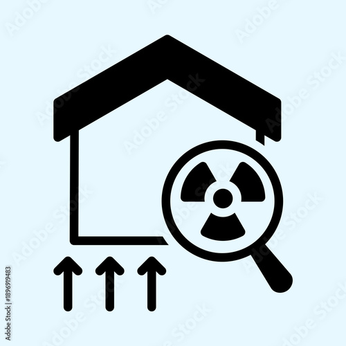 Radon gas detection and mitigation in a house, showing upward arrows and a magnifying glass with a radiation symbol.