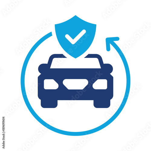 Car insurance and protection concept with a shield and checkmark icon, symbolizing safety and continuous coverage for vehicles.