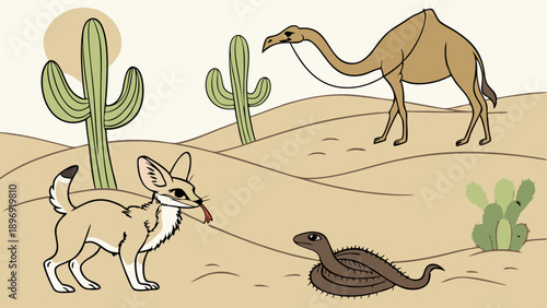 Desert Wildlife Scene with Fennec Fox Camel and Rattlesnake for Ecology Education and Travel Web Design Projects