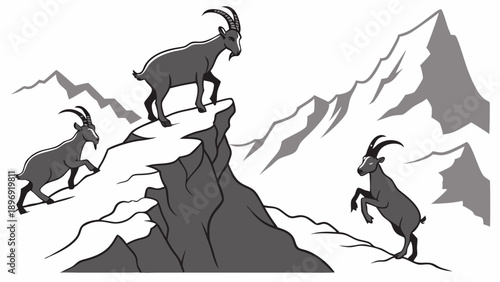 Mountain Goats Climbing Steep Rocky Cliffs Symbolizing Achievement Success and Overcoming Challenges for Adventure Travel Web Design