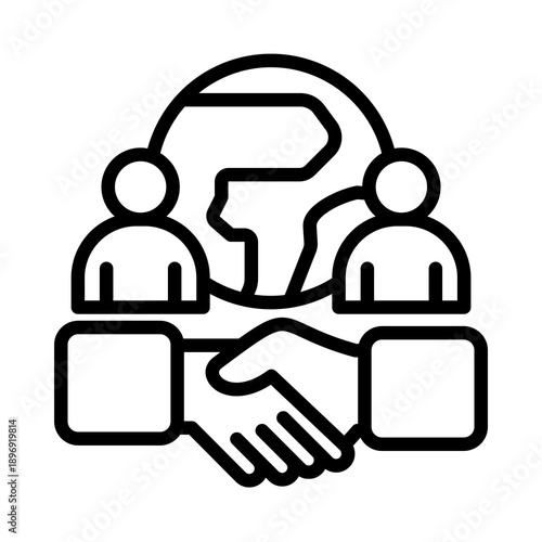 Global partnership and cooperation icon with people shaking hands in front of the earth.