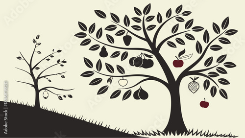 Growth Stages Tree Contrast Young Sapling Mature Fruit Tree Harvest Symbol for Development Success Web Design