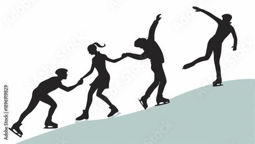 Ice Skaters Progression Up Snowy Hill Showing Teamwork Success and Momentum for Winter Sports or Growth Goals