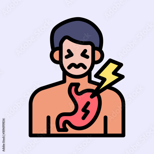 A person suffering from stomach pain, heartburn, or acid reflux, depicted with a painful expression and lightning bolts indicating discomfort in the stomach and chest.
