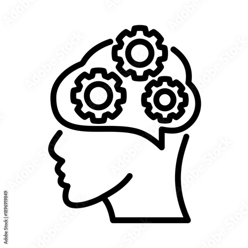A black and white line art icon depicting a human head in profile with gears inside a thought bubble, symbolizing thinking and mental processes.