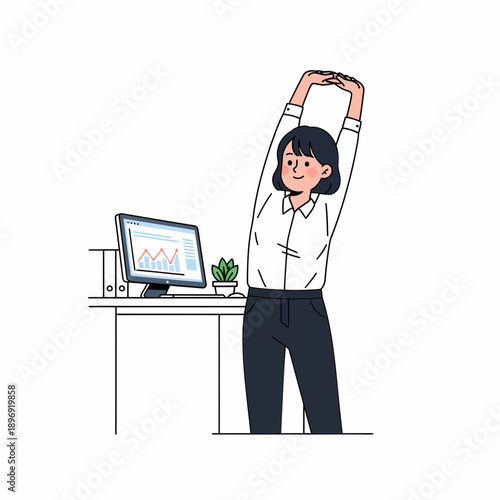 Productive office worker taking a refreshing stretch break at her desk for well-being and focus