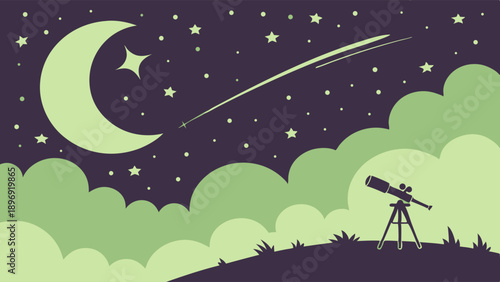 Night Sky Astronomy Observation with Telescope Under Crescent Moon and Shooting Star for Science Education or Dream Themes