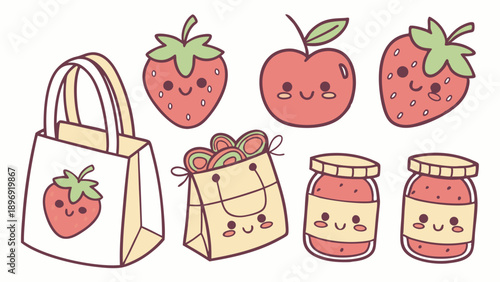 Cute Kawaii Strawberry Jam and Fruit Tote Bag Illustration Perfect for Summer Food Packaging Design and Sweet Cafe Branding