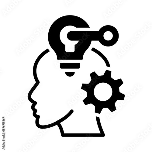 A black and white icon depicting a human head in profile with a lightbulb and a key symbolizing ideas and solutions, and a gear representing thought processes and mechanics.