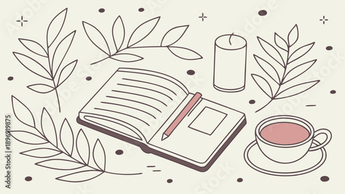 Cozy Journaling Scene with Tea Candle and Botanical Elements for Self Care Reflection and Creative Writing Inspiration