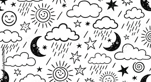 A whimsical black and white illustration of various weather and celestial elements in a repeating pattern design