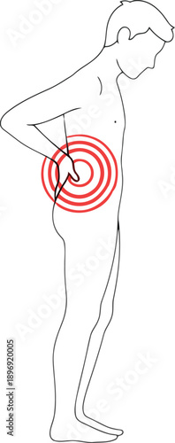 A man experiencing lower back pain with a red target symbol highlighting the affected area on his abdomen