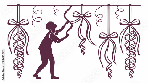 Silhouette of Person Decorating for Celebration Hanging Festive Ribbons and Streamers for Party Event Decoration