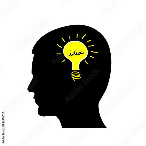 Create a new idea. Illustration of a man head with light bulb