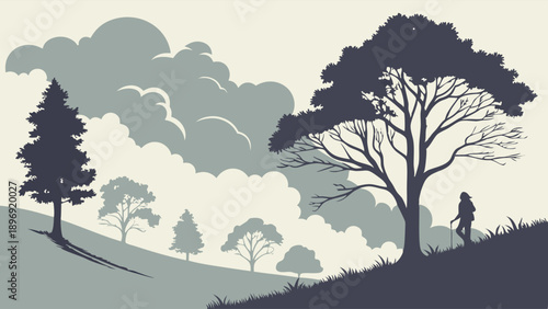 Silhouette Hiker Ascending Grassy Hill Under Dramatic Cloudy Sky for Travel Adventure Web Design or Outdoor Lifestyle Promotion