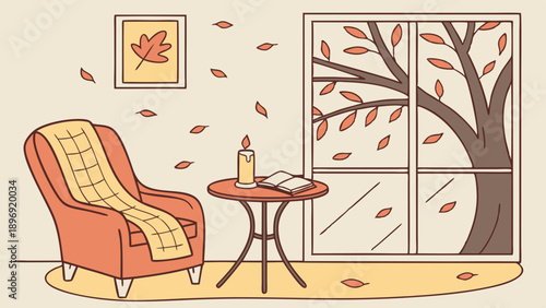 Cozy Autumn Reading Nook Scene Cozy Armchair Window View Falling Leaves Seasonal Home Decor Background for Holiday Blog Posts or Lifestyle Websites (179 chars)