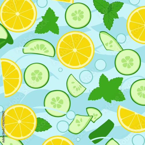Pattern of sliced lemon, cucumber, and mint on a light blue background. Fruit and vegetable slices, arranged in a repeating pattern on a light blue background.